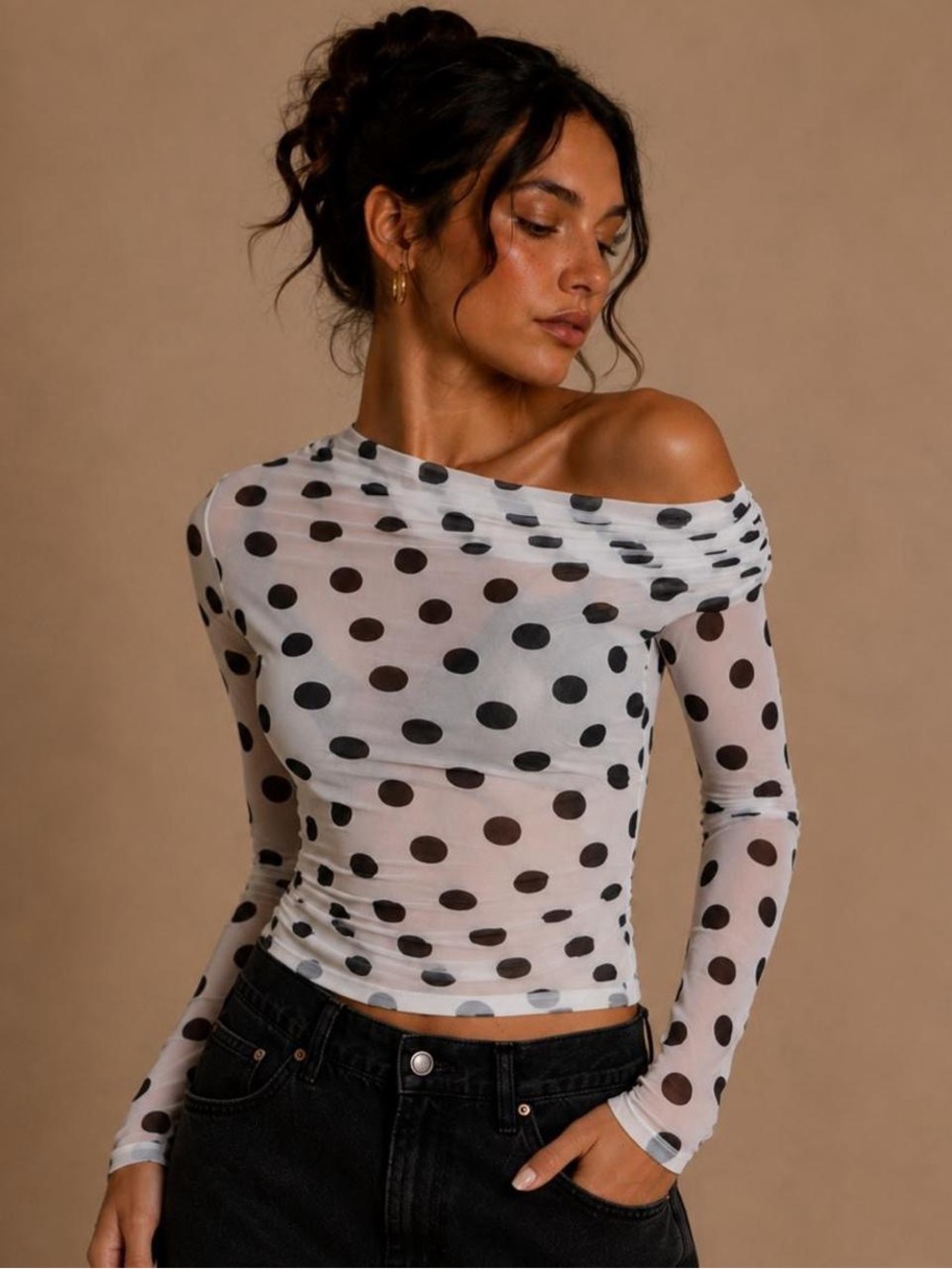 AFRM Sheer Polka Dot Long-Sleeve Top - White/Black